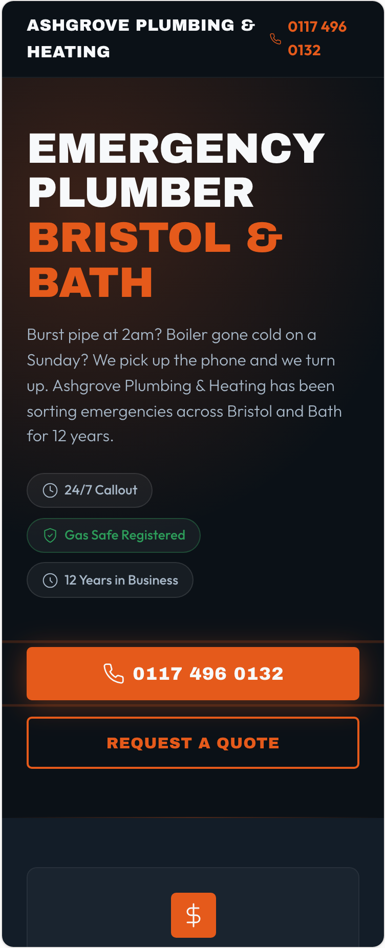 A generated emergency plumber page shown at phone width: business name and phone number in the header, the headline 'Emergency plumber Bristol & Bath', badges for 24/7 callout, Gas Safe registered and 12 years in business, then a full-width call button showing 0117 496 0132 above a 'Request a quote' button