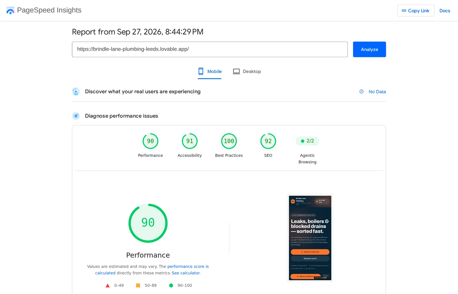 PageSpeed Insights report for brindle-lane-plumbing-leeds.lovable.app on mobile, run 27 September 2026: Performance 90, Accessibility 91, Best Practices 100, SEO 92, next to a phone screenshot of the hero