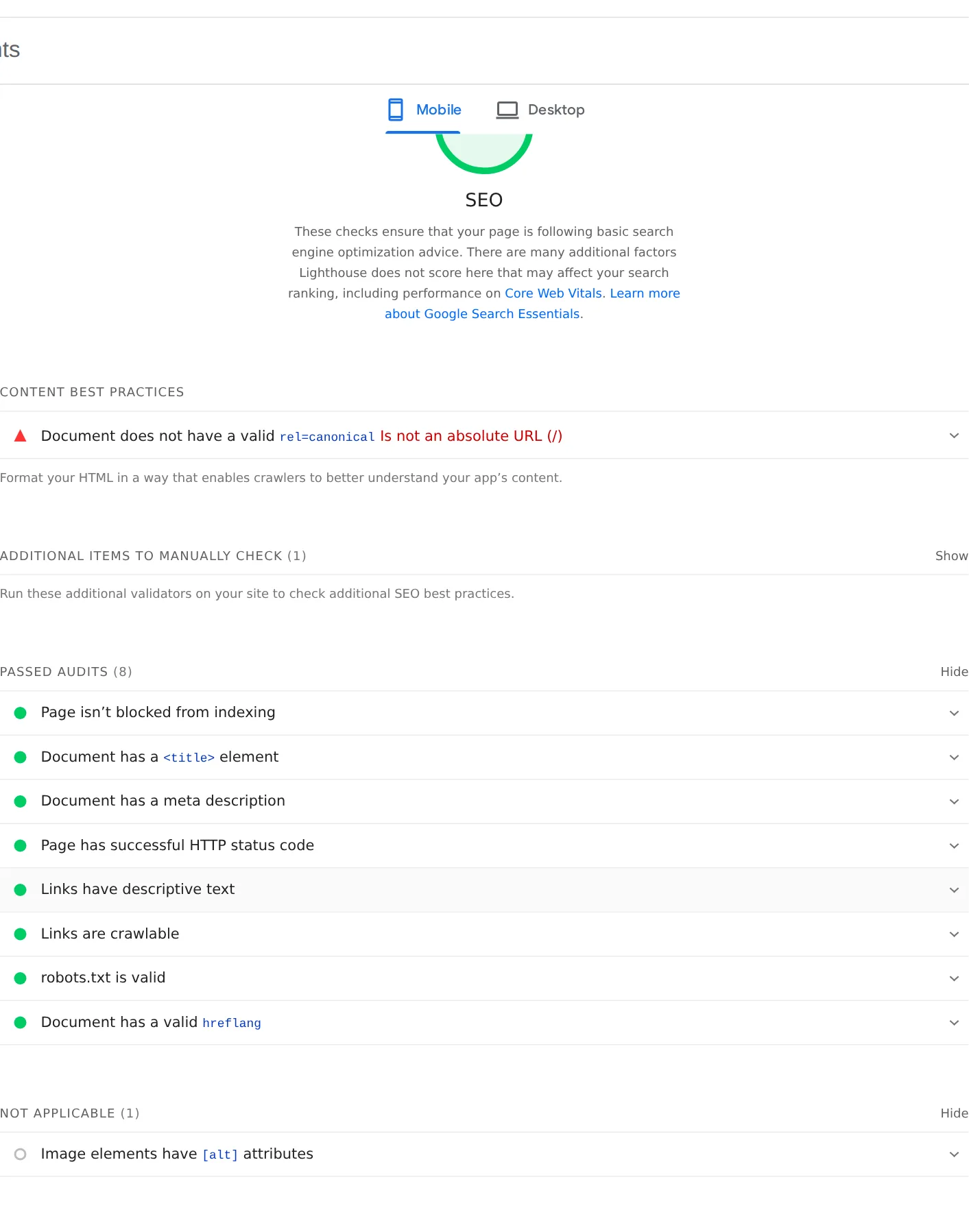 The SEO section of the PageSpeed Insights report: one failed check, 'Document does not have a valid rel=canonical, is not an absolute URL (/)', above eight passed audits including indexing, title, meta description, crawlable links and robots.txt