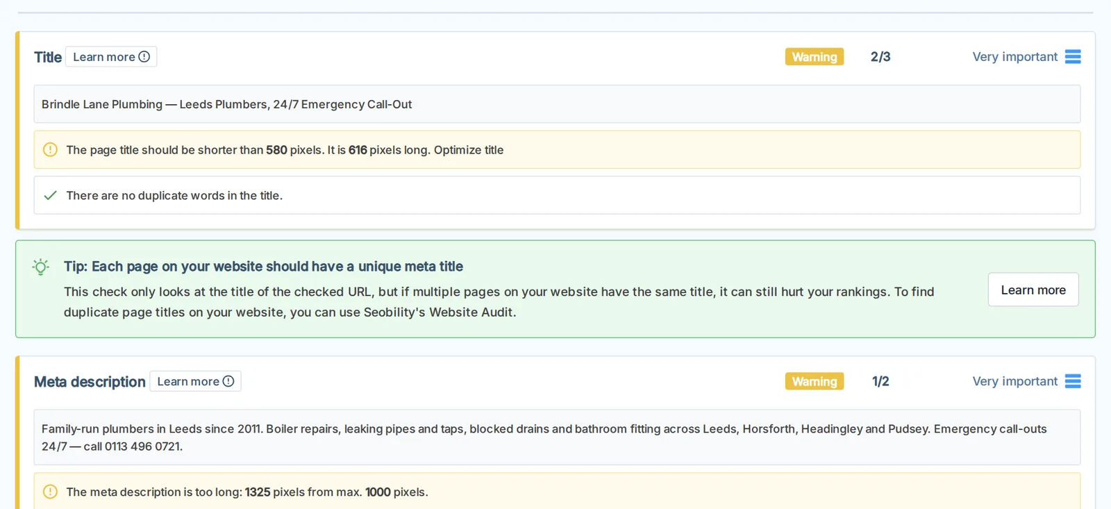 Seobility's title and meta description checks. The title 'Brindle Lane Plumbing, Leeds Plumbers, 24/7 Emergency Call-Out' is flagged at 616 pixels against a 580 limit, and the meta description at 1,325 pixels against a 1,000 limit