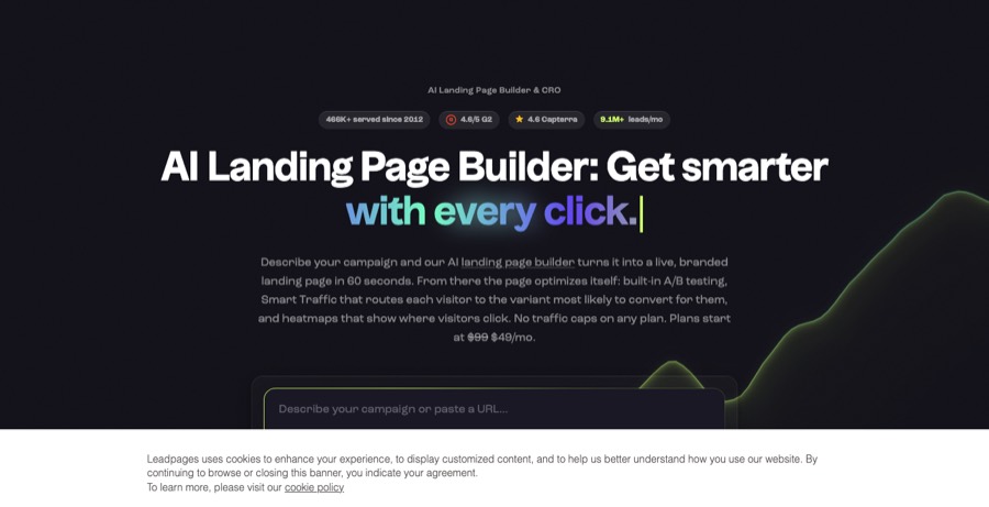 Leadpages homepage: AI landing page builder with A/B testing